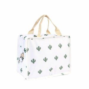 NEW Lunch Box Cactus Print All over White Green Zipper Closure One Compartment